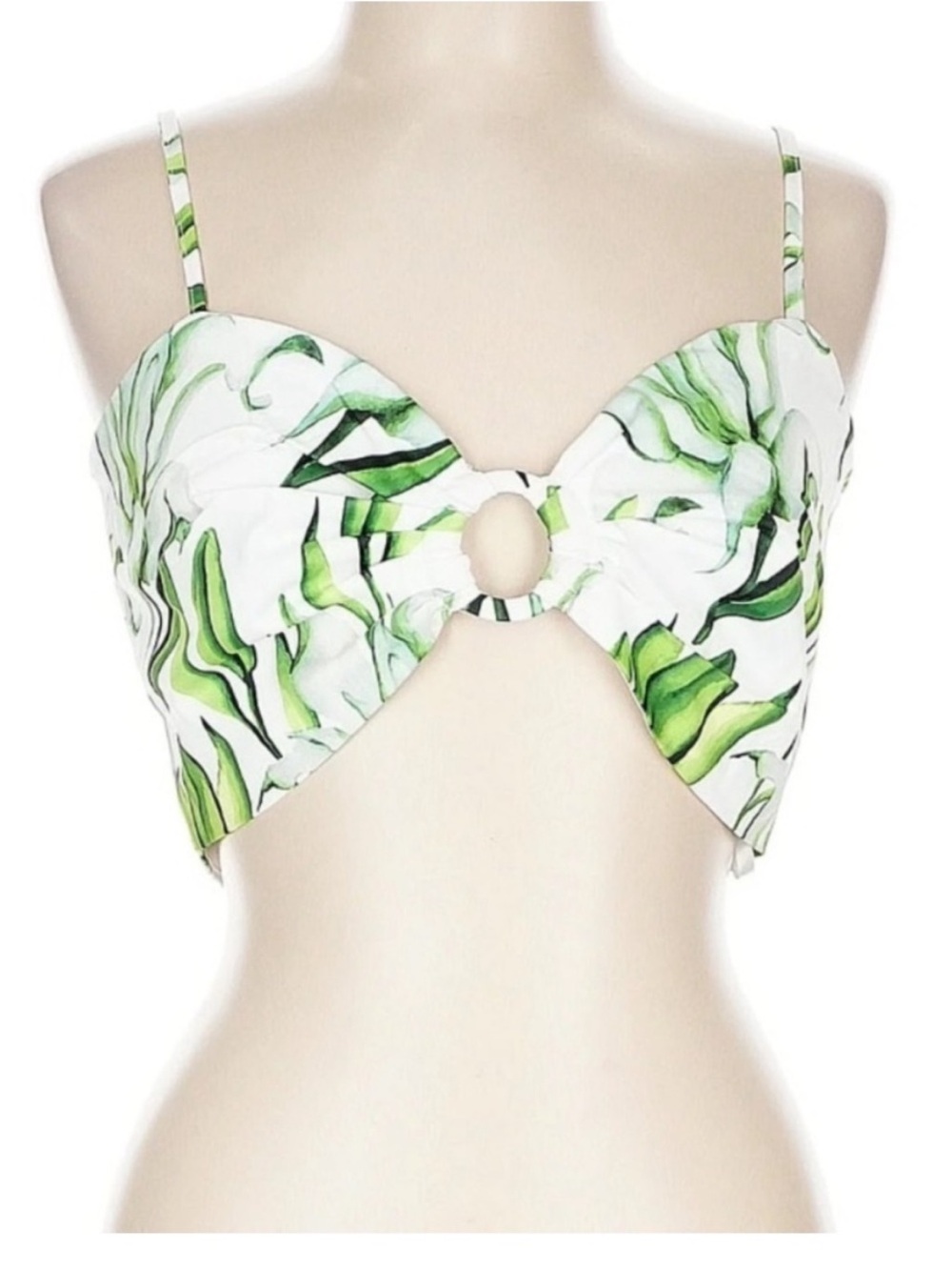 The Sang Tropical Leaf Print Cutout Crop Top Green White Vacation Resort L NWT